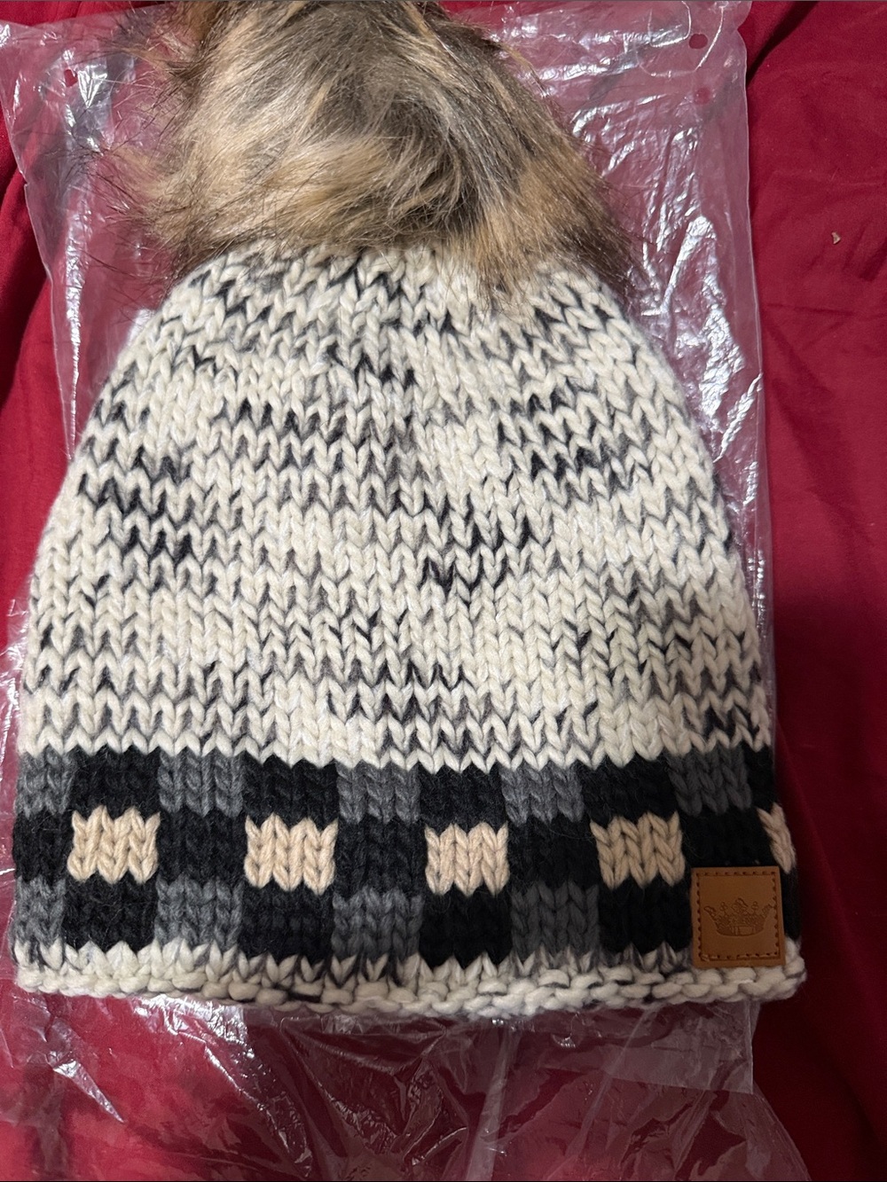 Panache women’s Knit Pom Beanie in Ivory, Black & Gray with Faux-Fur Pom